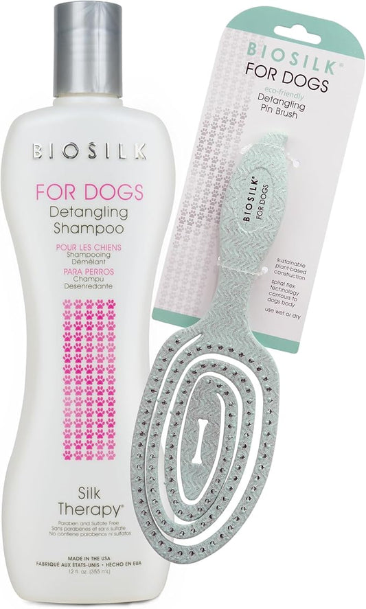 BioSilk for Dogs Detangling Pin Brush & Detangling Shampoo Bundle | Ergonomic Eco-Friendly Brush and 12 Fl Oz Shampoo | Grooming Essentials for Dogs | Sulfate & Paraben Free