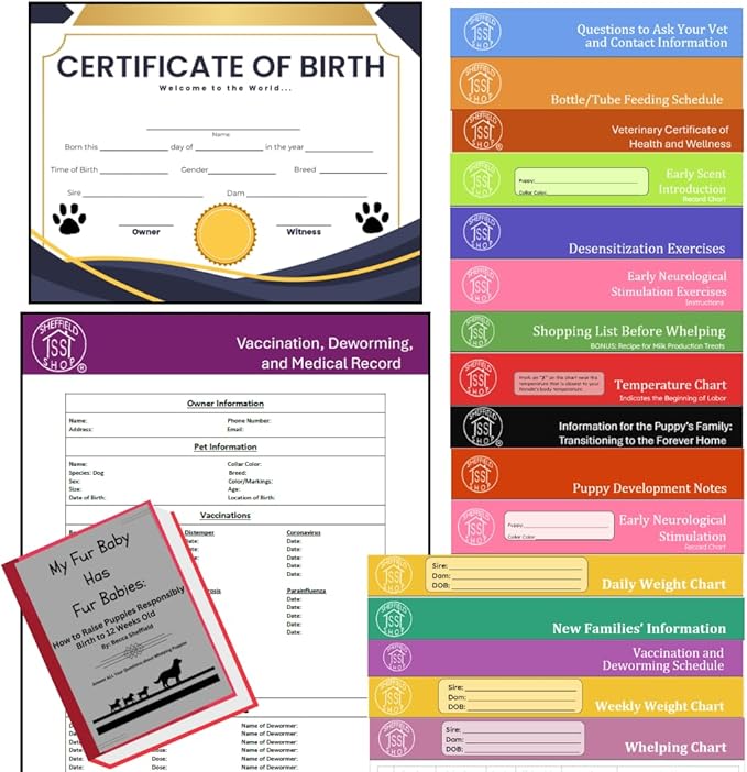 Dog Breeding Supplies and Charts- Puppy Birth Planning, Vaccine Record Book to Track Dewormer for Puppies/Dog Flea Medicine, Bottle Feeding Chart, More Whelping Supplies or Newborn Puppy Essentials