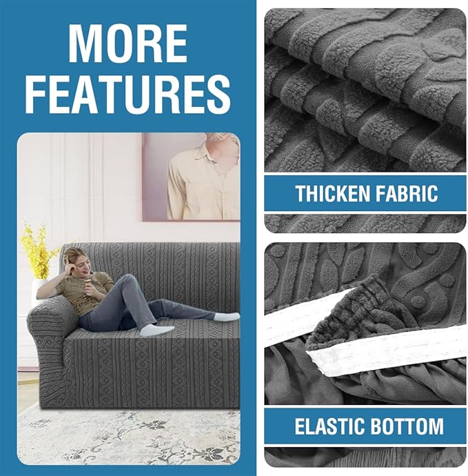 H.VERSAILTEX Jacquard Couch Covers for 3 Cushion Couch 1 Piece Stretch Sofa Covers Furniture Protector Anti-Slip Soft Thickened Dogs Slipcovers Washable Spiral Pattern(Sofa, Grey)