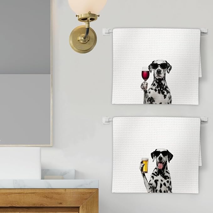 Dalmatian Gifts Wine Kitchen Towels Set of 2, Gifts for Dalmatian Dog Wine Lovers Decorative Hand Dish Towel for Kitchen Home Bar, Funny Dog Beer Lover Home Bar Cart Decor(16x24Inch)