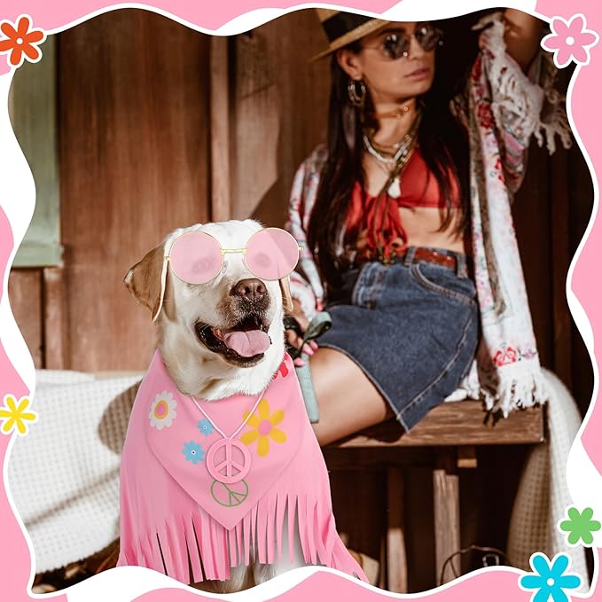 4 Pcs Hippie Dog Costume Pet Dog Hippie Costume Set Includes Sunglasses Scarf Cloak Necklace(Pink Style,Large)