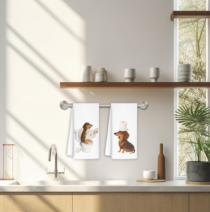 Cute Dachshund Kids Bathroom Hand Towels Set of 2, Dachshund Lovers Gifts, Kids Bathroom Decor, Weiner Dog Gifts Hand Towels for Bath Room Washroom Toilet, 16x24 Inch