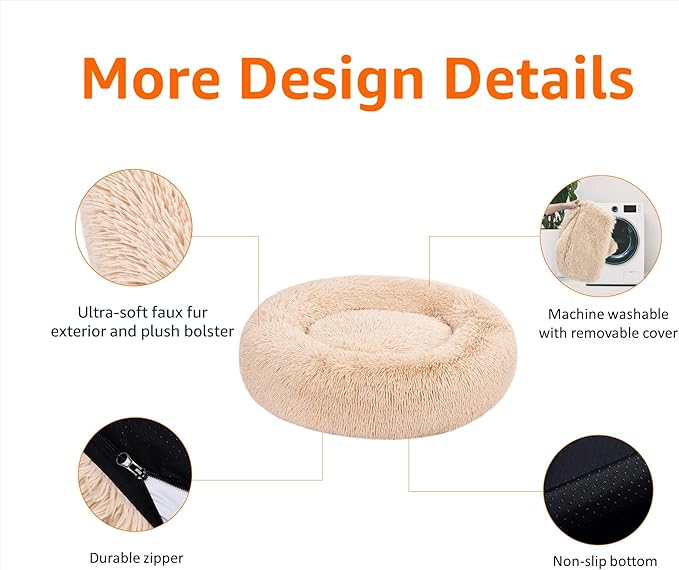 Amazon Basics Washable Donut Pet Bolster Faux Fur Bed with Removable Cover, Anti-Slip Bottom for Dog, Beige, 23" x 23"