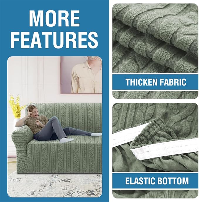 H.VERSAILTEX Jacquard Slip Covers for Sofas/Couches 3 Cushions 1 Piece Stretch Sofa Covers Furniture Protector Anti-Slip Soft Thickened Slipcovers Washable Spiral Pattern(Sofa, Sea Grass)