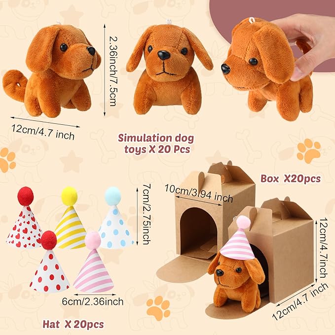 20 Set Mini Plush Toy Stuffed Animals Dogs Set with Birthday Hats Kraft Paper Boxes Small Stuffed Puppy Adopt Pet Gift for Adoption Event Animal Theme Birthday Stocking Stuffers(Cute Dog)
