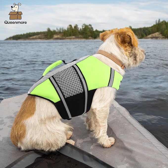 Queenmore Dog Life Jacket Small Float Vests for Swimming Boating Kayaking Mediumn Puppy Dogs Cats Neoprene Life Preserver Pet Water Lifesaver Lightweight Reflective Green,XS
