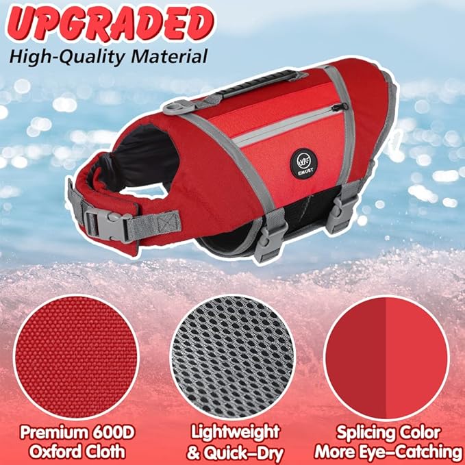 EMUST Dog Life Vests for Boating, Water-Resistant Dog Swimming Vest with Rescue Handle, Comfortable Fit Dog Life Jacket Medium with D-Ring for Rafting, Surfing, Canoeing, Red, M