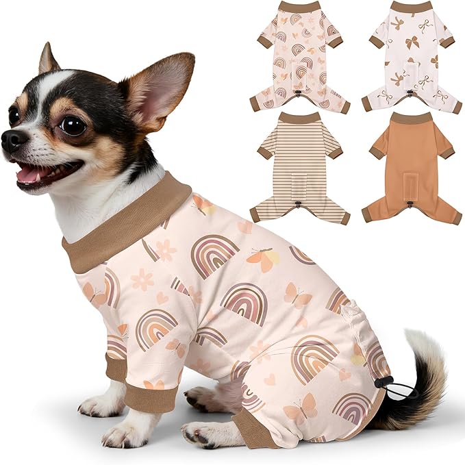 Bienbee Dog Pajamas, 4 Pack Dog Recovery Suit Shedding Suit Cute Soft Puppy Clothes Dogs Pjs Onesies Jammies Adjustable Breathable & Stretchy Clothes for Small Medium Large Dogs Girl Boy Puppy-S