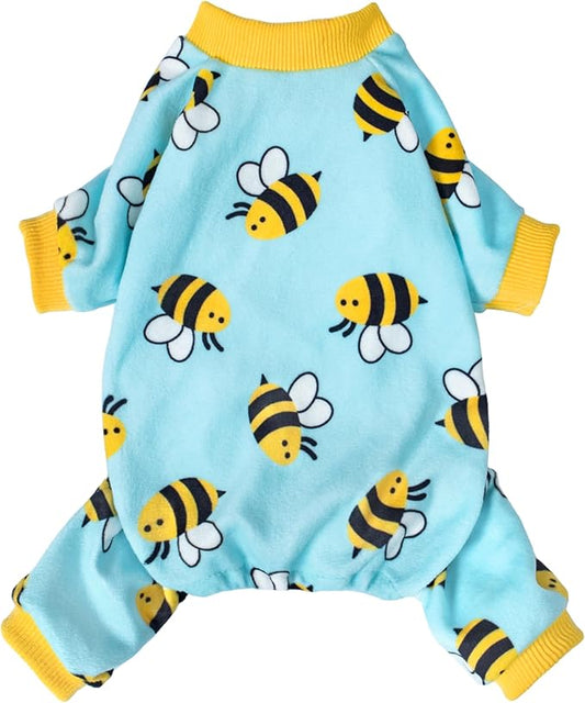 Fitwarm Funny Bee Fleece Dog Pajamas, Warm Winter Dog Clothes for Small Dogs Boy Girl, Cozy Pet Onesie with Feet, Light Blue, Large