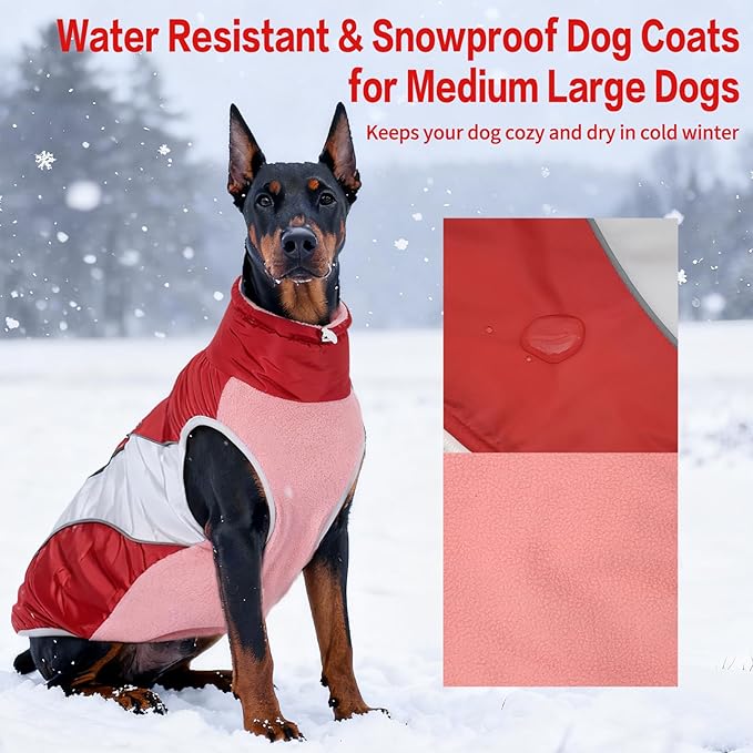 Dog Coats for Medium Dogs with Harness Built in, Waterproof Dog Jacket Warm Pet Winter Coat Snowsuit for Cold Weather, Reflective Fleece Windproof Jacket, Red, U-LDMF01L