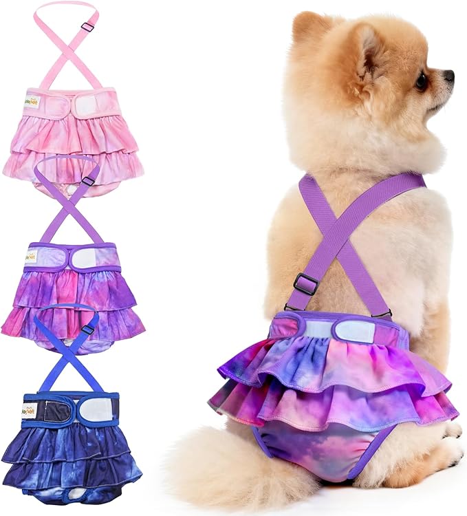 Idepet Female Dog Diapers with Suspender Detachable, 3 Pack Tie Dye Washable Reusable Girl Doggie Diapers Skirts for Small Medium Female Dog in Heat Period Cycle Urinary Incontinence Training XS