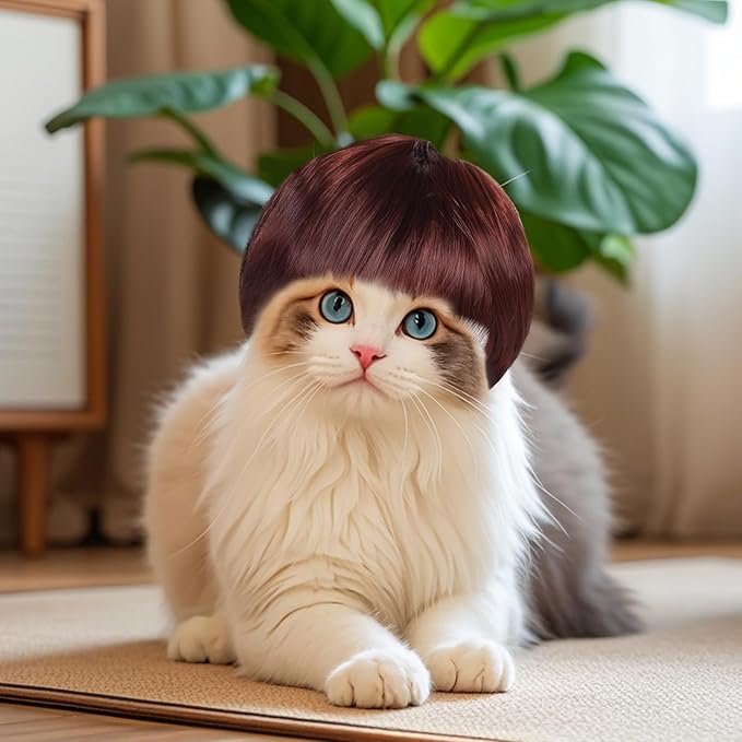 Dog Wigs for Small Dogs, Funny Dog Wig Pet Costume Pet Hair Accessories Elastic Cat Dogs Cosplay Wig Decoration for Halloween, Christmas, Parties（Reddish-Brown, 7 Inches）