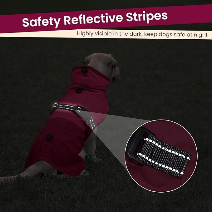 BRKURLEG Dog Raincoat Adjustable Dog Rain Jacket with Hood Dogs Waterproof Rainproof Jacket with Leash Hole Pet Poncho Rain Coat Poncho with Reflective Strip, Rose Red, XXL