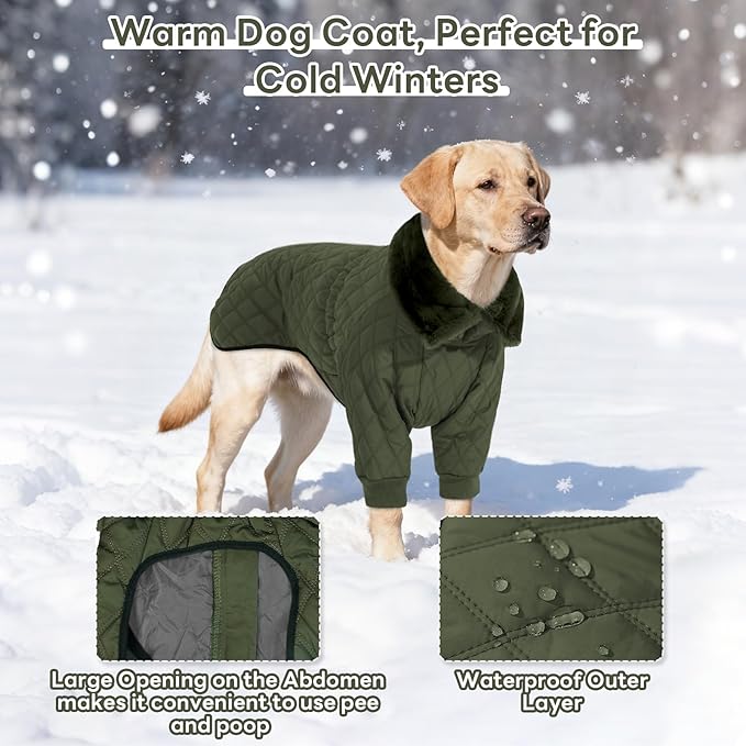 IDOMIK Dog Winter Coat for Large Dogs, Warm Dog Winter Jacket with Fleece High Collar, Zippered Cold Weather Coats for Dogs, Waterproof Doggy Snow Jacket Clothes,Green,XL