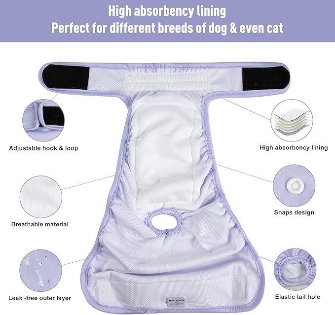 3 Pack Washable Female Dog Diapers,Reusable Diaper for Doggie,Highly Absorbent Dog Diaper,Adjustable Leakproof Puppy Diapers Skirt for Heat,Incontinence,Period Doggy Nappies L