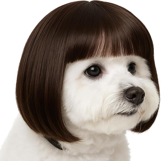 Funny Dog Wig for Small Medium Large Dogs, 7 Inches Pet Costume Elastic Cat Cosplay Wig Decoration for Halloween, Christmas, Parties（Brown）