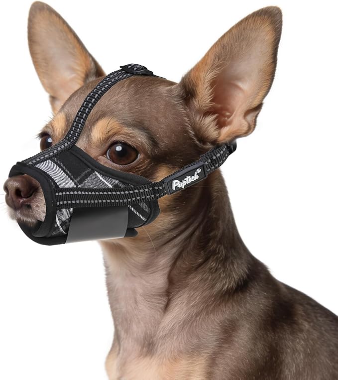 PUPTECK Dog Muzzle, Soft Adjustable Loop Reflective Pets Muzzle Prevent Biting Barking Chewing, Breathable Muzzle with Air Mesh Dog Mouth Guard Drinkable for Large Medium Small Sized D, Black Plaid, S