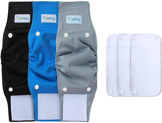 Teamoy Belly Bands for Male Dogs with Removable Pads, Reusable Washable Puppy Dog Diaper Wraps(Pack of 3), M