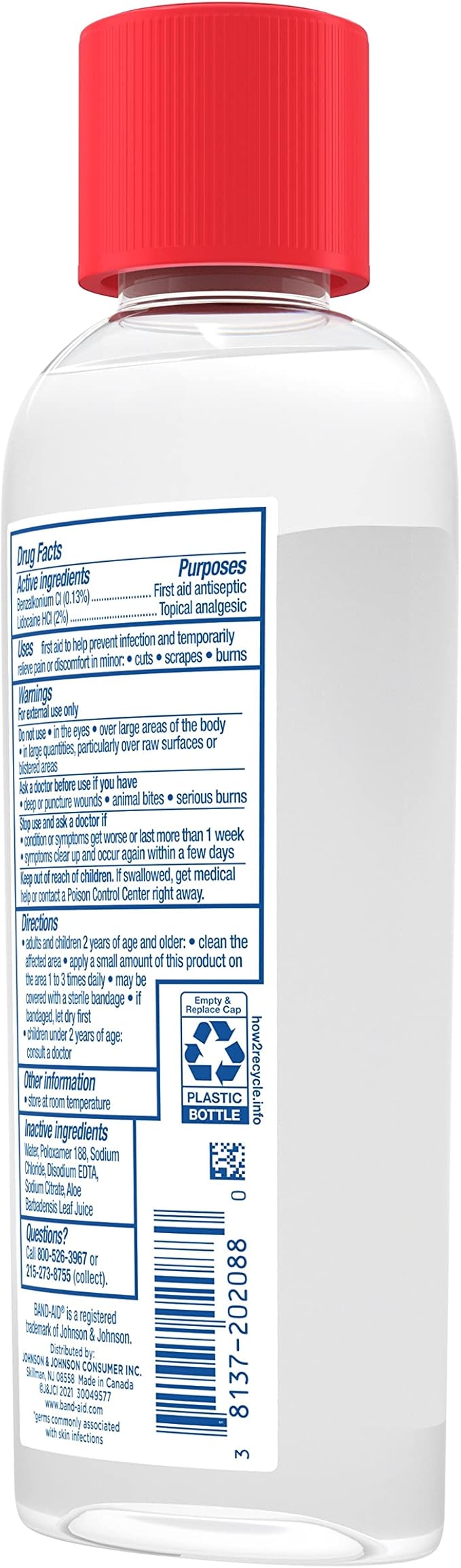 Band-Aid Brand Antiseptic Cleansing Liquid, First Aid Antiseptic Wash Relieves Pain & Kills Germs, with Benzalkonium Cl Wound Antiseptic & Lidocaine HCl Topical Analgesic, 6 fl. oz