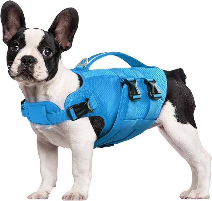 Kuoser Dog Life Jacket XL, High Flotation Dog Water Vest for Swimming Boating, Reflective Doggie Swimming Vest Pet Life Preserver with Rescue Handle, Blue XL