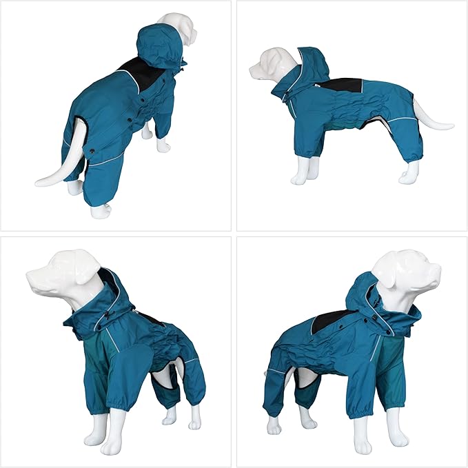 LOVELONGLONG Waterproof Dog Raincoat with Removable Hood – Outdoor Full Body Dog Jacket, Windproof Snowproof Shell Suit – All Season Pet Rain Gear Ocean Teal M