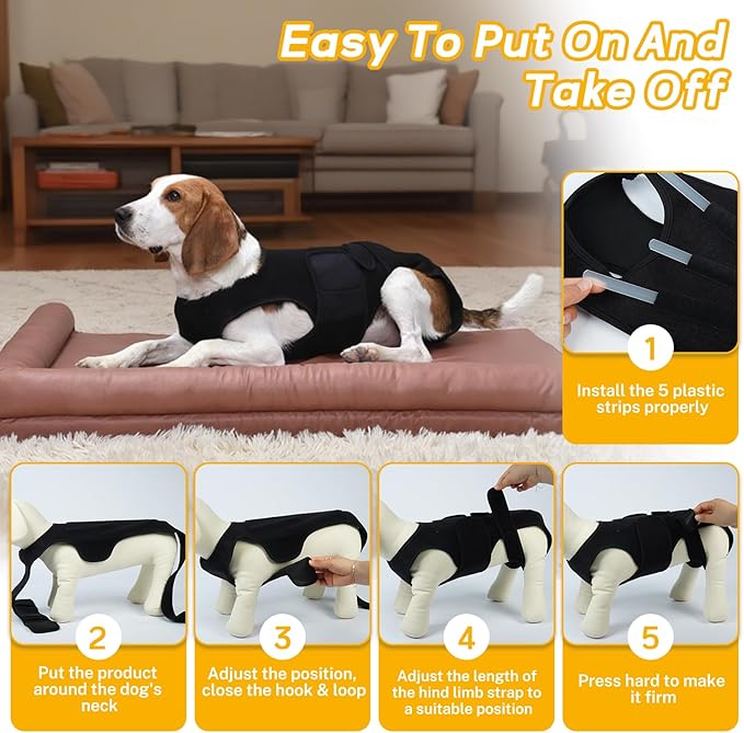 Post-Op Spinal Stability Wrap for Giant Dogs - Extra Long Spinal Stability Brace with 5 Plastic Support Strips, Breathable & Adjustable for Less Mobile Large Breed Dogs, Black 2XL
