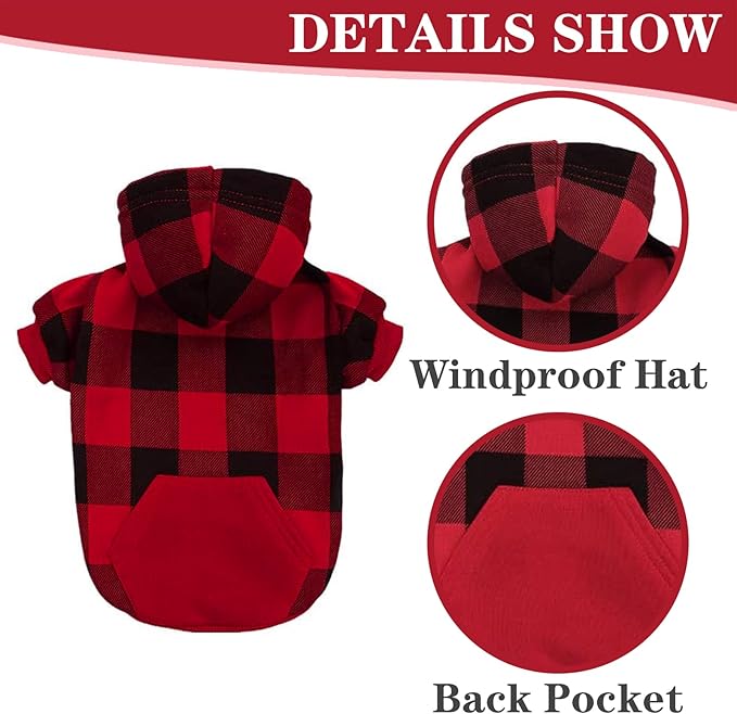 EXPAWLORER Plaid Dog Hoodie - British Style Warm Dog Sweater Shirt with Leash Hole,Pitbull Clothes Outfits,Winter Coat Apparel for All Breeds Puppy Girl Boy-Cat Apparel,Buffalo Check X-Small