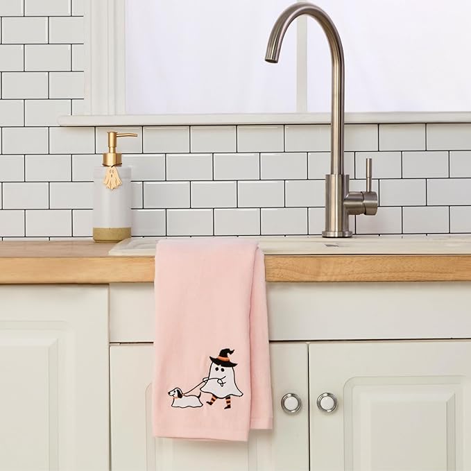 SKL Home Halloween Ghost Walking Dog 100% Cotton Embroidered 2pc Hand Towel Set, Decorative for Bath/Kitchen/Bar & Gift, Pink