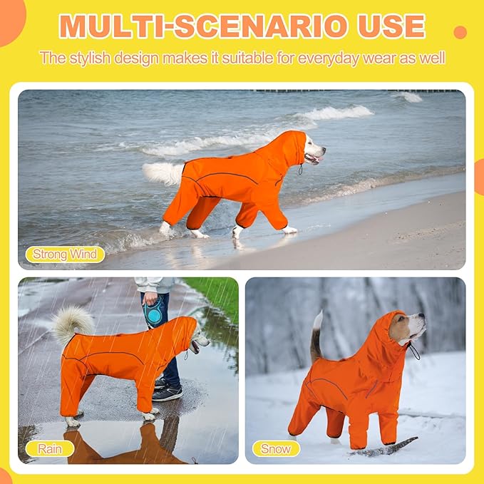 Dog Raincoat, Waterproof Dog Rain Jacket with Removable Hood，Adjustable 4 Legs Pet Poncho with Leash Hole，Reflective Stripe Hooded Snowproof Windproof Clothes for Small to 3X-Large Dogs, 3XL