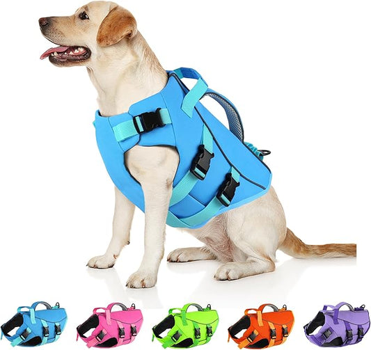 Dogcheer Dog Life Jacket with Double Rescue Handle, Reflective Dog Harness Life Vest for Swimming Boating, Adjustable Pet Swim Vest Dog Flotation Device DFD for Small Medium Large Dogs - Blue L