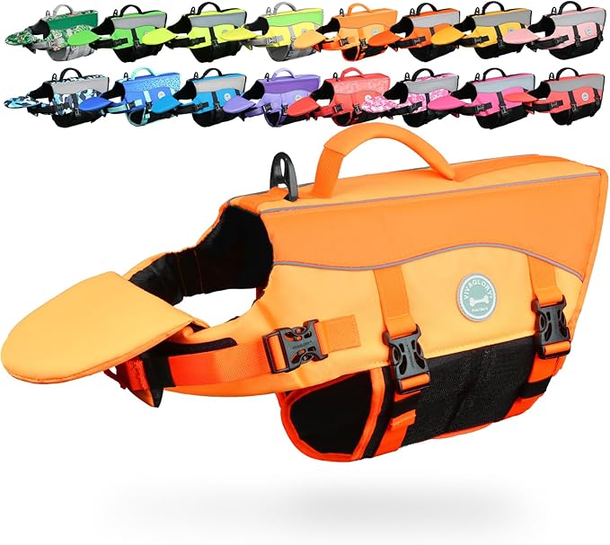 VIVAGLORY Front Float Dog Life Vest, Dog Life Jacket for Swimming & Boating, Swimming Vest with Chin Float & Handle, Ripstop & Buoyancy for Puppy Doggy, XS, Dark Orange