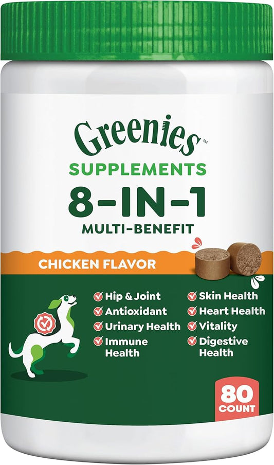 Greenies Dog Supplements 8-in-1 Multi-Benefit Dog Vitamins and Supplements Chicken Flavor, 15.5 oz. Container, 80 Count