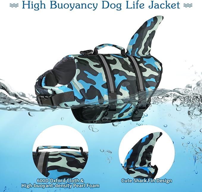 Dogcheer Dog Life Jacket Shark, Ripstop Dog Life Vest for Swimming Boating with Reflective Stripes & Rescue Handle, High Buoyancy Pet PFD Swim Vest for Small Medium Large Dogs - Camo Blue, S