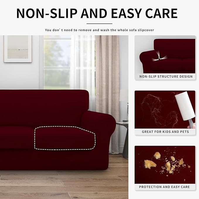 Easy-Going 100% Dual Waterproof 4 Pieces Stretch Soft Couch Cover for Dogs, Sofa Slipcover for 3 Separate Cushion Couch Leakproof Furniture Protector for Kids, Pets Wine