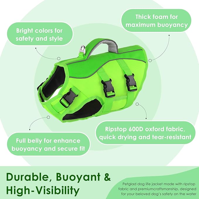 Dog Life Jacket, High Buoyancy Dog Life Vest with Handle for Swimming Boating, Adjustable Swimming Vest with Reflective Trim for Small Medium Large Dogs - Green, XL
