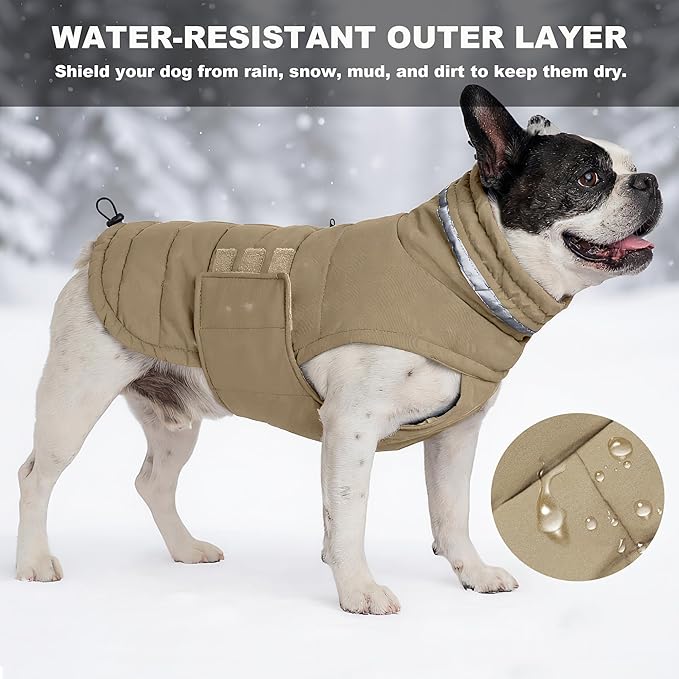 Mklhgty Waterproof Dog Coat for Small Dogs, Warm Dog Winter Jacket, Reflective Windproof Turtleneck Dog Cold Weather Coats with Adjustable Hook & Loop - Khaki - S