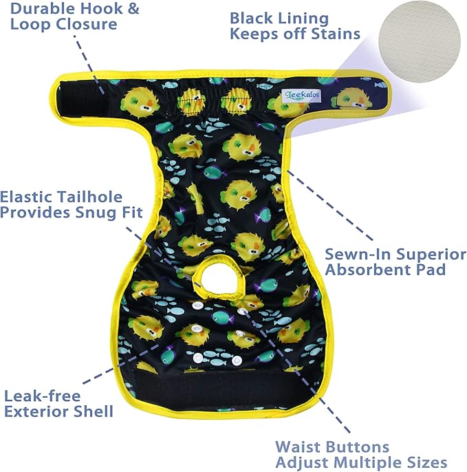 Leekalos Reusable Washable Dog Diapers Female (3 Pack) - Highly Absorbent Doggie Diapers - Size Adjustable Puppy Diapers for Dog Period Panties (XX-Large, Globefish)