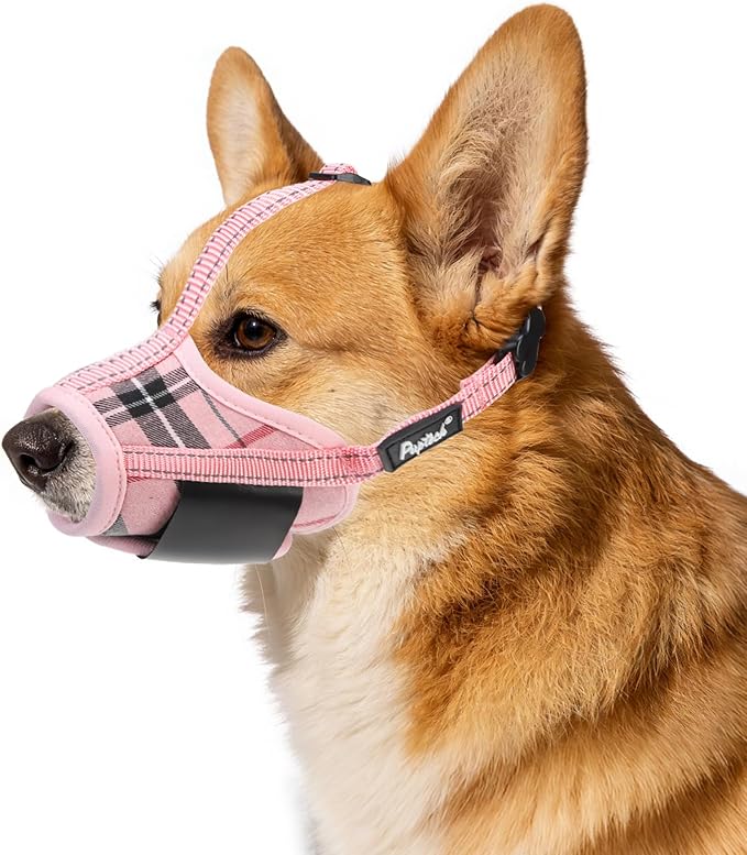 PUPTECK Dog Muzzle, Soft Adjustable Loop Reflective Pets Muzzle Prevent Biting Barking Chewing, Breathable Muzzle with Air Mesh Dog Mouth Guard Drinkable for Large Medium Small Sized, Pink Plaid M