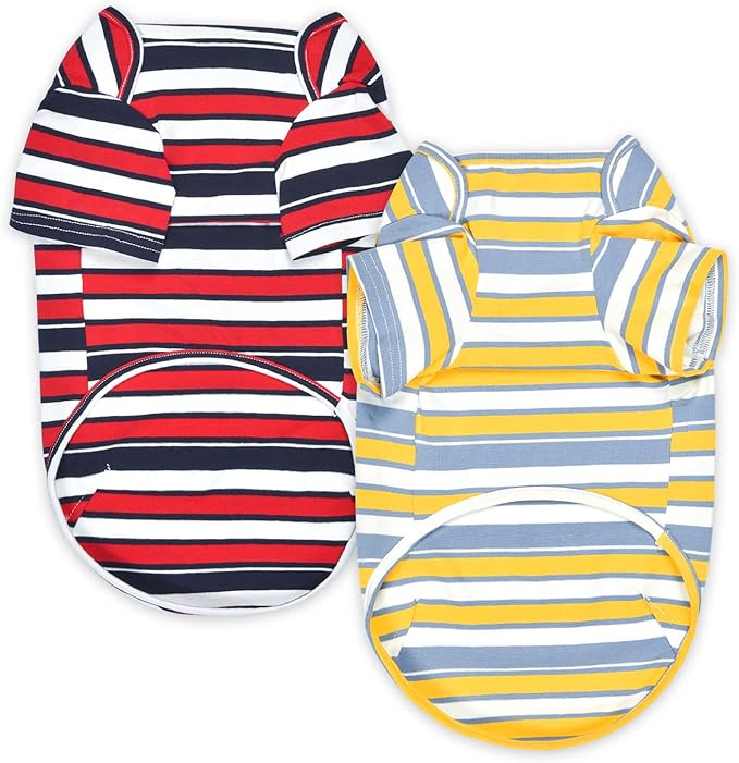 Dog Shirts Cotton Striped T-Shirt, Summer Pet Clothes for Small Dogs, 2-Pack Soft Puppy Apparel Cat Tee, Breathable Stretchy, Red Yellow XS