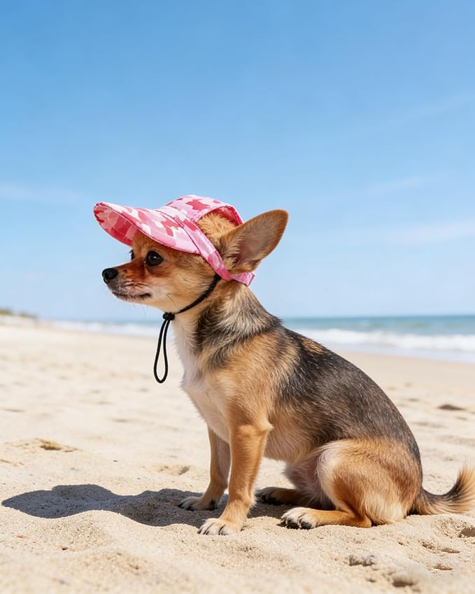 PET SHOW Dog Baseball Cap Camouflage Dog Visors for Small Doggy Cats Summer Waterproof Pet Sun Hats with Ear Holes Adjustable Drawstring Girl Puppy Hat -Pink/XS