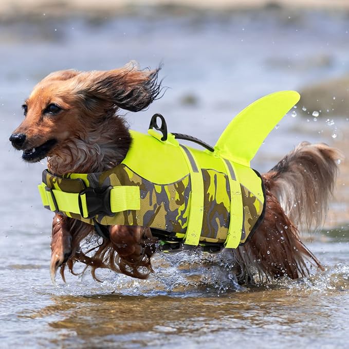 Queenmore Dog Life Jacket - Adjustable Reflective Camouflage XL Shark Life Vest for Swimming with Rescue Handle
