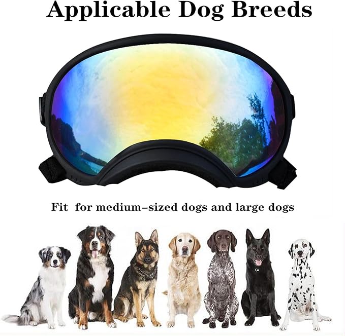 Soft Samll Dog Sunglasses Dog Goggles for Large Breed UV/Wind/Dust Protection Winproof Dog Puppy Sunglasses Pet Glasses Eye Wear with Adjustable Strap (Black Frame & Colored Lens/Large)