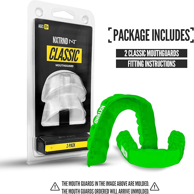 2 Pack Nxtrnd Classic Mouthguard, Custom Fit Sports Mouthpiece for Football, Boxing, MMA, Basketball, Hockey, Lacrosse, Youth & Adult (Green)