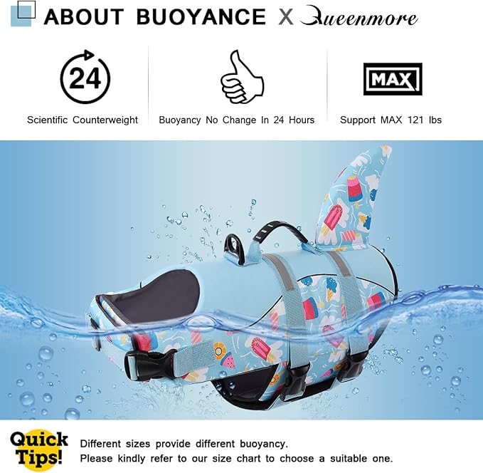 Queenmore Shark Dog Life Vest for Swimming, Dog Life Vests for Boating, High Buoyant Dog Life Jacket, Ripstop High Flotation Swimsui for Small, Medium, Large Dogs (Blue Ice Cream,XS)
