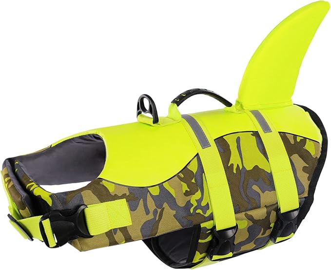 Queenmore Camo Dog Shark Life Jacket - Adjustable Reflective Vest with Rescue Handle for Large Dogs