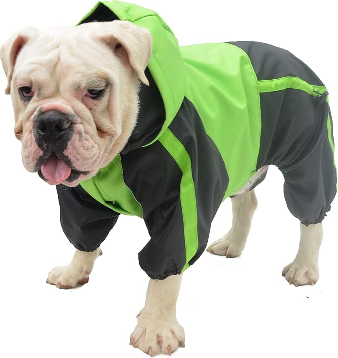 Lovelonglong American Bully Pitbull Dog Hooded Raincoat, Bulldog Rain Jacket Poncho Waterproof Clothes with Hood Breathable 4 Feet Four Legs Rain Coats for Pugs English French Bulldog Green B-XL