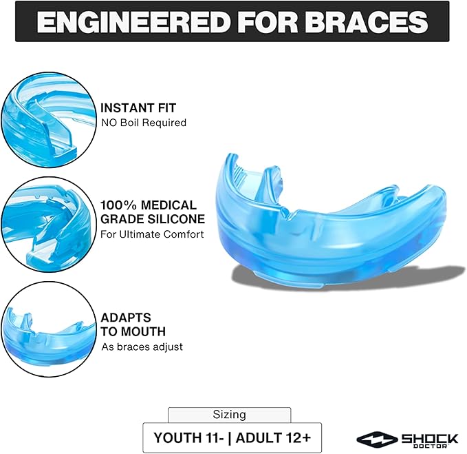 Shock Doctor Mouth Guard for Braces,Upper Teeth Protection,Instant Fit,Adult & Youth Sizes,Blue,(Pack of 2)