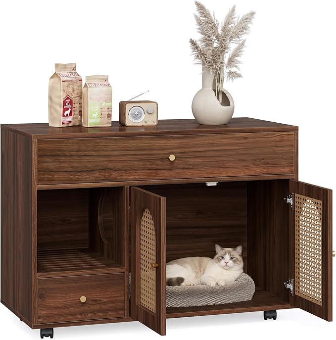 LITTLE TREE Wooden Cat Litter Box Enclosure with Wicker Doors, Hidden Litter Box Cabinet Furniture, Multi-Functional Storage Cabinet for Home Decor, Indoor Cats House for Privacy & Odor Control