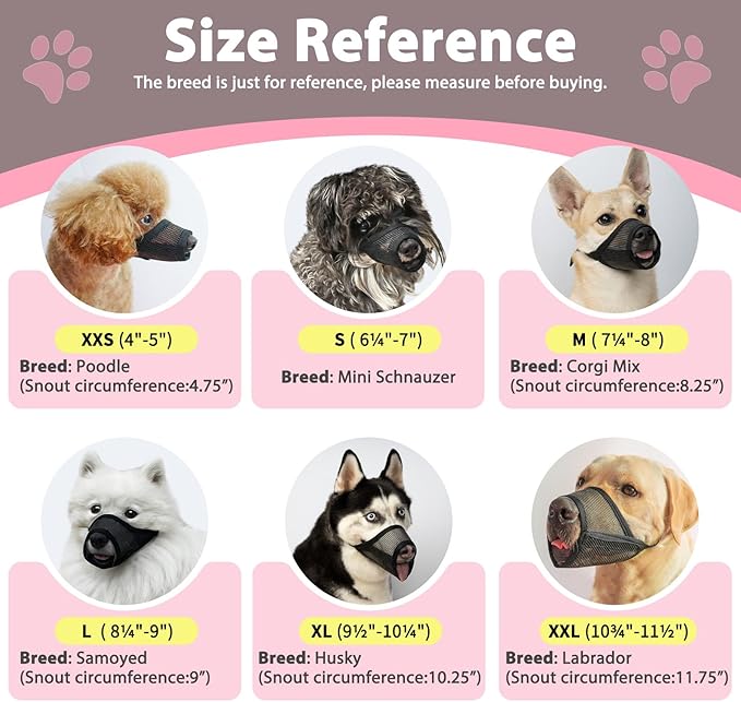 LUCKYPAW Dog Muzzle Suits for Small Medium Large Dogs, Mesh Muzzle Anti Biting Chewing, Breathable Mouth Cover Set with Adjustable Strap for Grooming Vet Visiting Training (7 PCS(XXS-XXL), Pink)