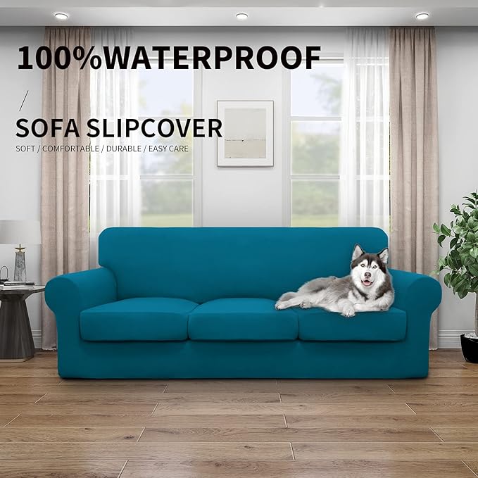 Easy-Going 100% Dual Waterproof 4 Pieces Stretch Soft Couch Cover for Dogs, Sofa Slipcover for 3 Separate Cushion Couch Leakproof Furniture Protector for Kids, Pets Peacock Blue